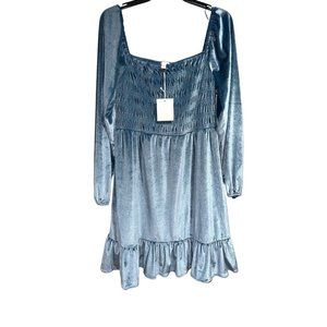 Lauren Conrad LC Blue Velvet Long Sleeve Dress Smocked Top Medium Women Babydoll